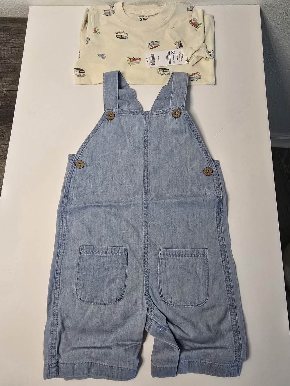 Carter's Light Blue Denim Overalls with Cream Vehicle Tee 24 Months